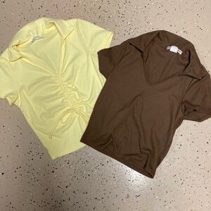 Yellow and Brown Collared Tops Small